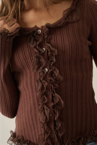 mocha knit + lace ruffle trim top