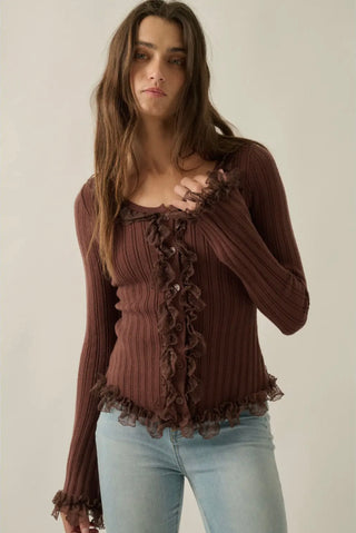mocha knit + lace ruffle trim top
