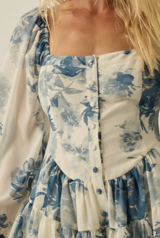 retro blue chiffon ruffled romper