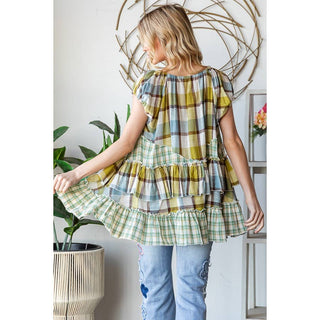 olive plaid babydoll top