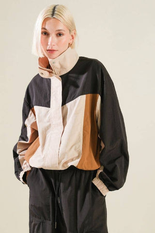 black/camel colorblock windbreaker