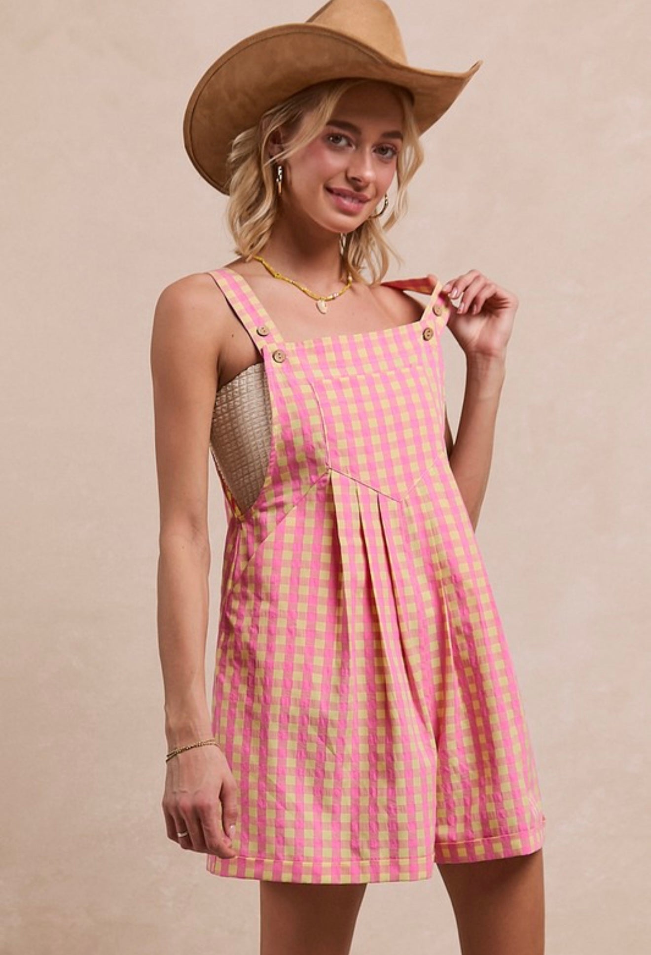 pink + tan gingham overalls