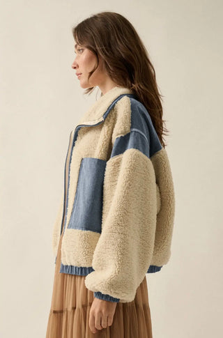 cream sherpa + denim zip-up jacket
