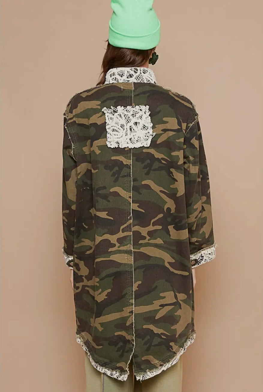 camo floral-embroidered coat