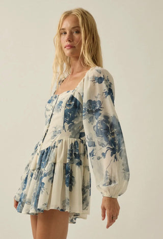 retro blue chiffon ruffled romper