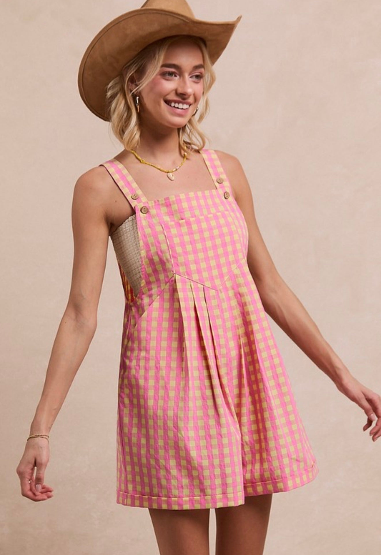 pink + tan gingham overalls