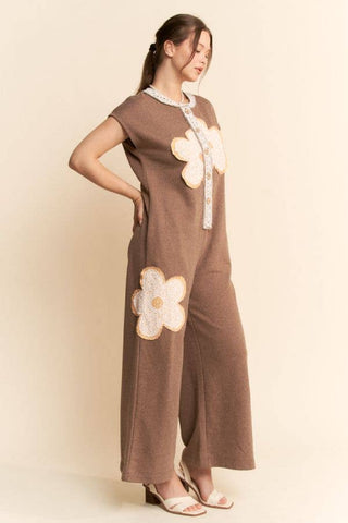 floral patchwork french terry jumpsuit