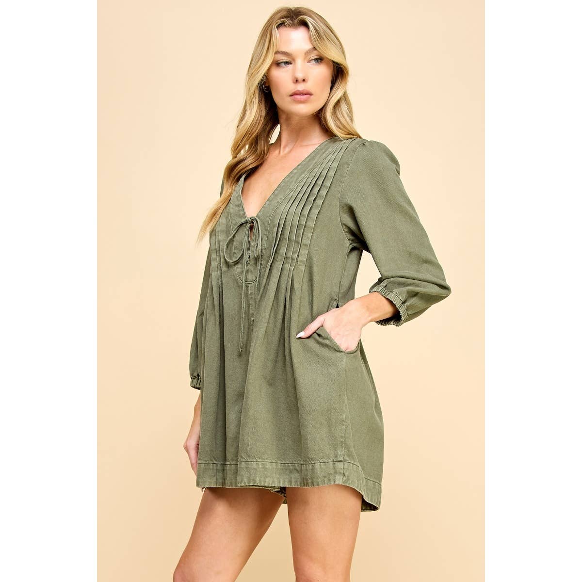 olive washed denim romper