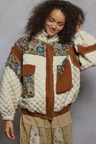camel + cream jacquard quilted hoodie