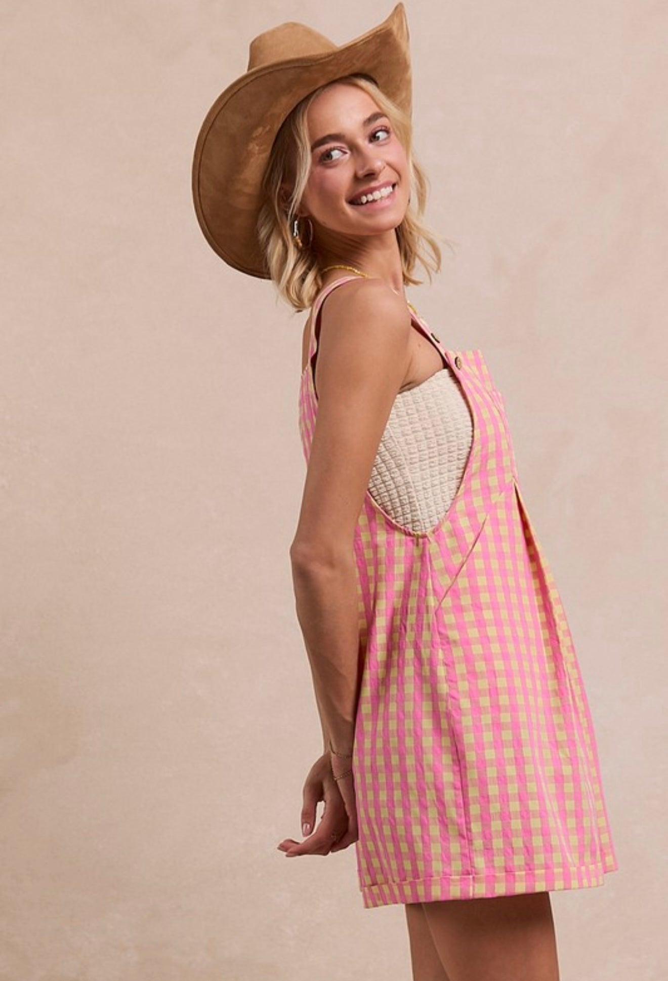 pink + tan gingham overalls