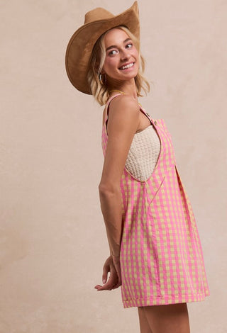 pink + tan gingham overalls
