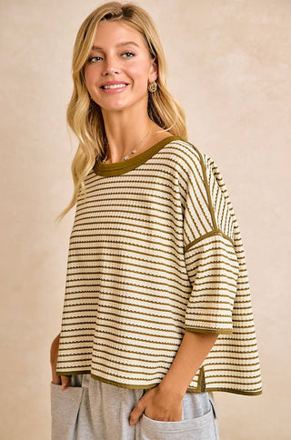 olive stripped waffle knit top