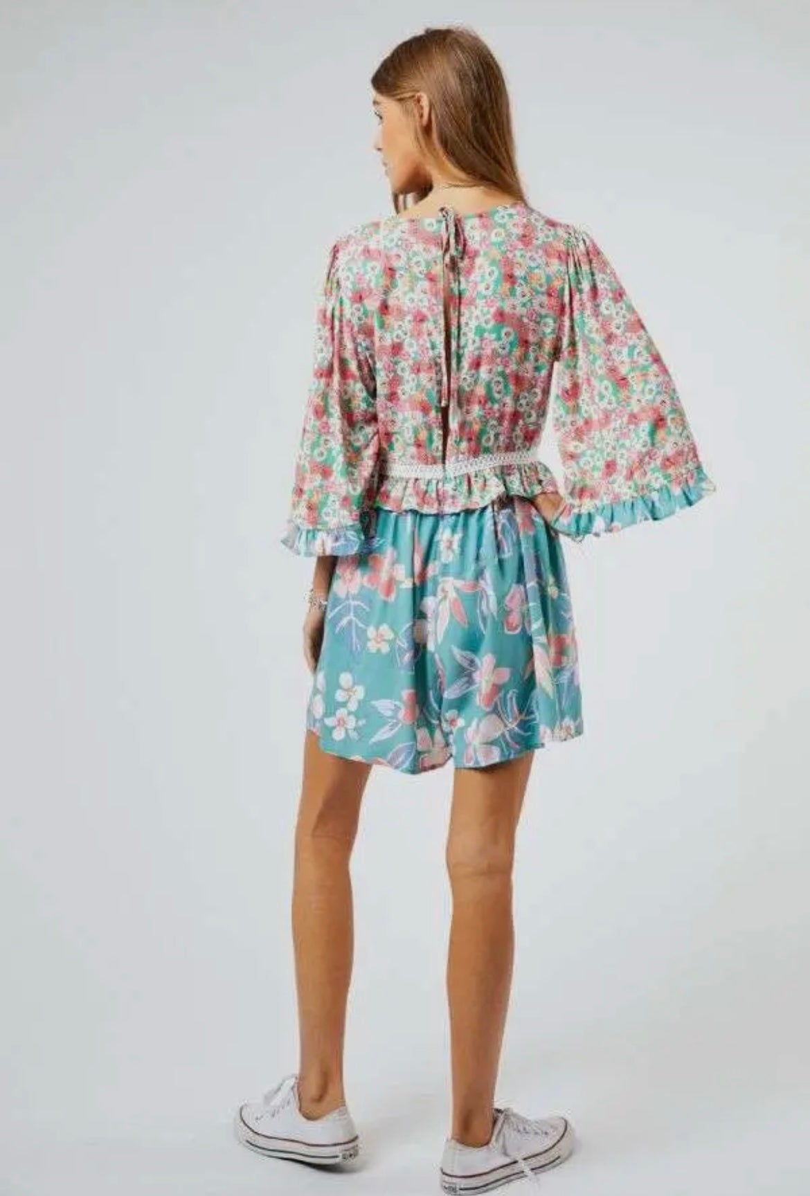 teal floral flare-sleeve romper