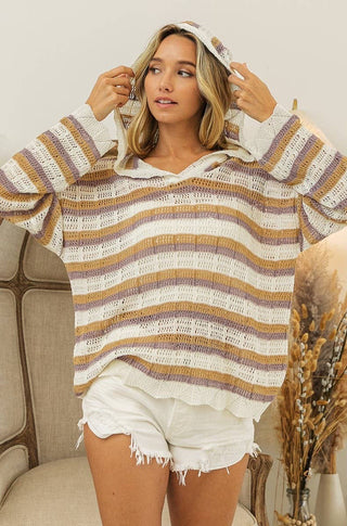 butterscotch striped lightweight knit hoodie