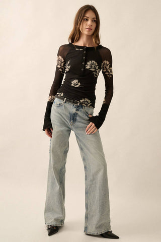 floral mesh raglan henley