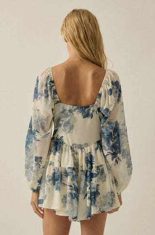 retro blue chiffon ruffled romper