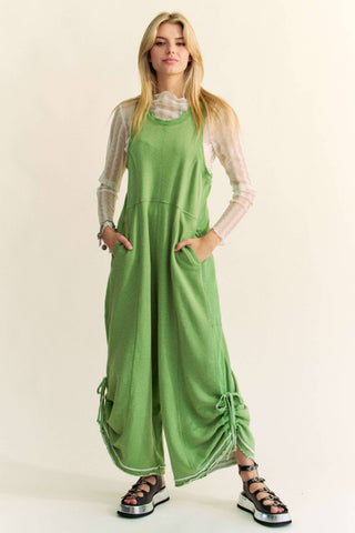 sage ribbed + ruched jumpsuit