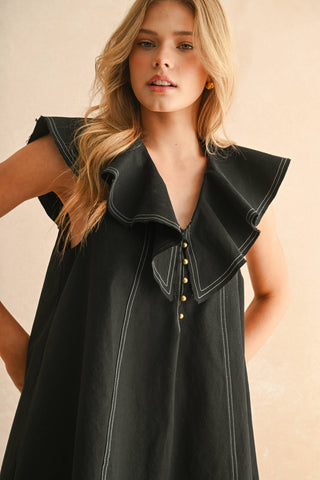 black ruffled collar woven dress