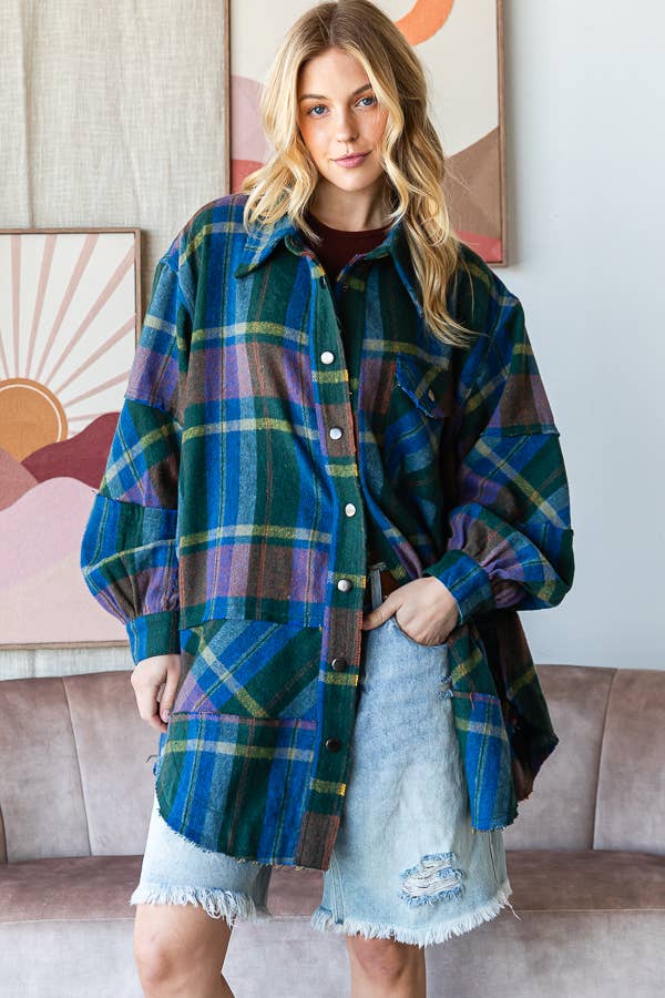 blue button-front plaid shirt