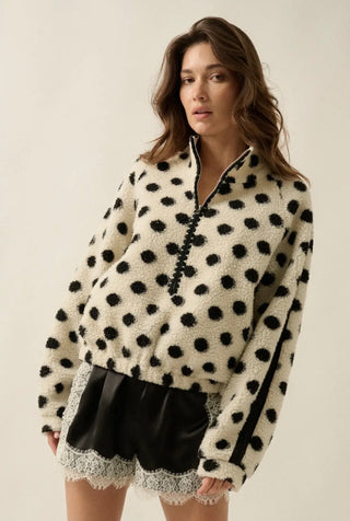 b&w polka dot + crochet trim half-zip