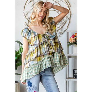 olive plaid babydoll top