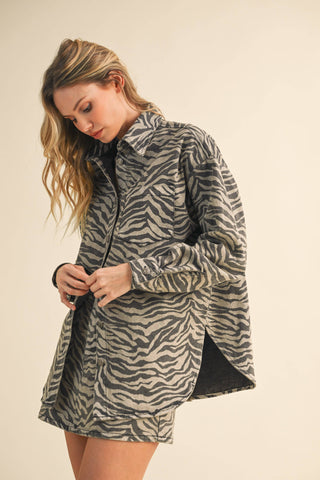 denim zebra oversized shirt + mini skirt