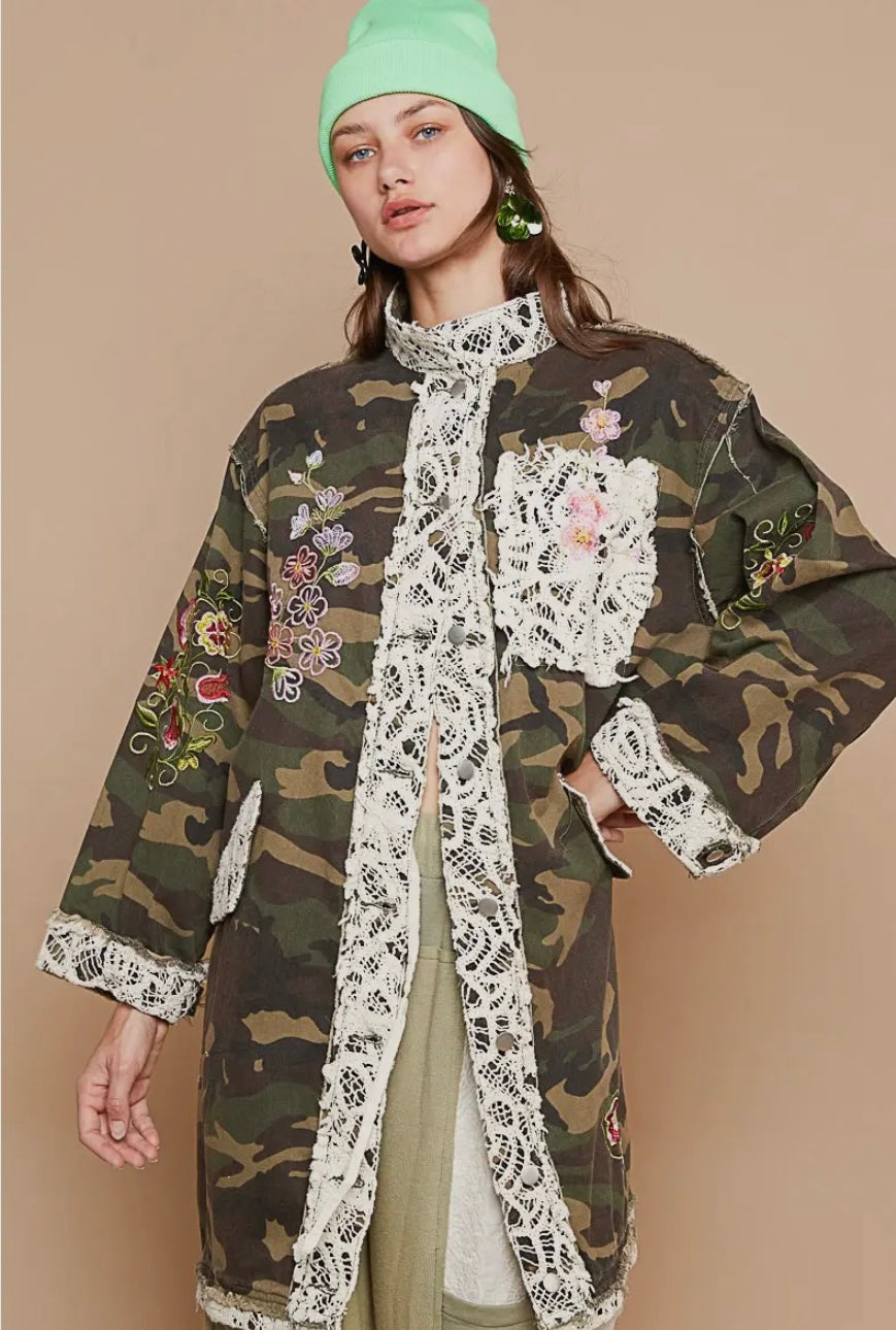 camo floral-embroidered coat