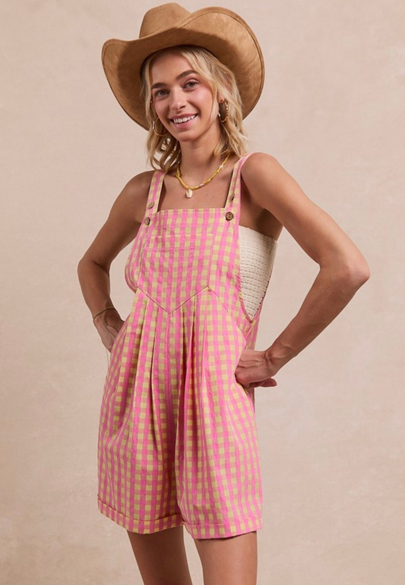 pink + tan gingham overalls
