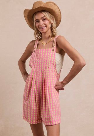 pink + tan gingham overalls