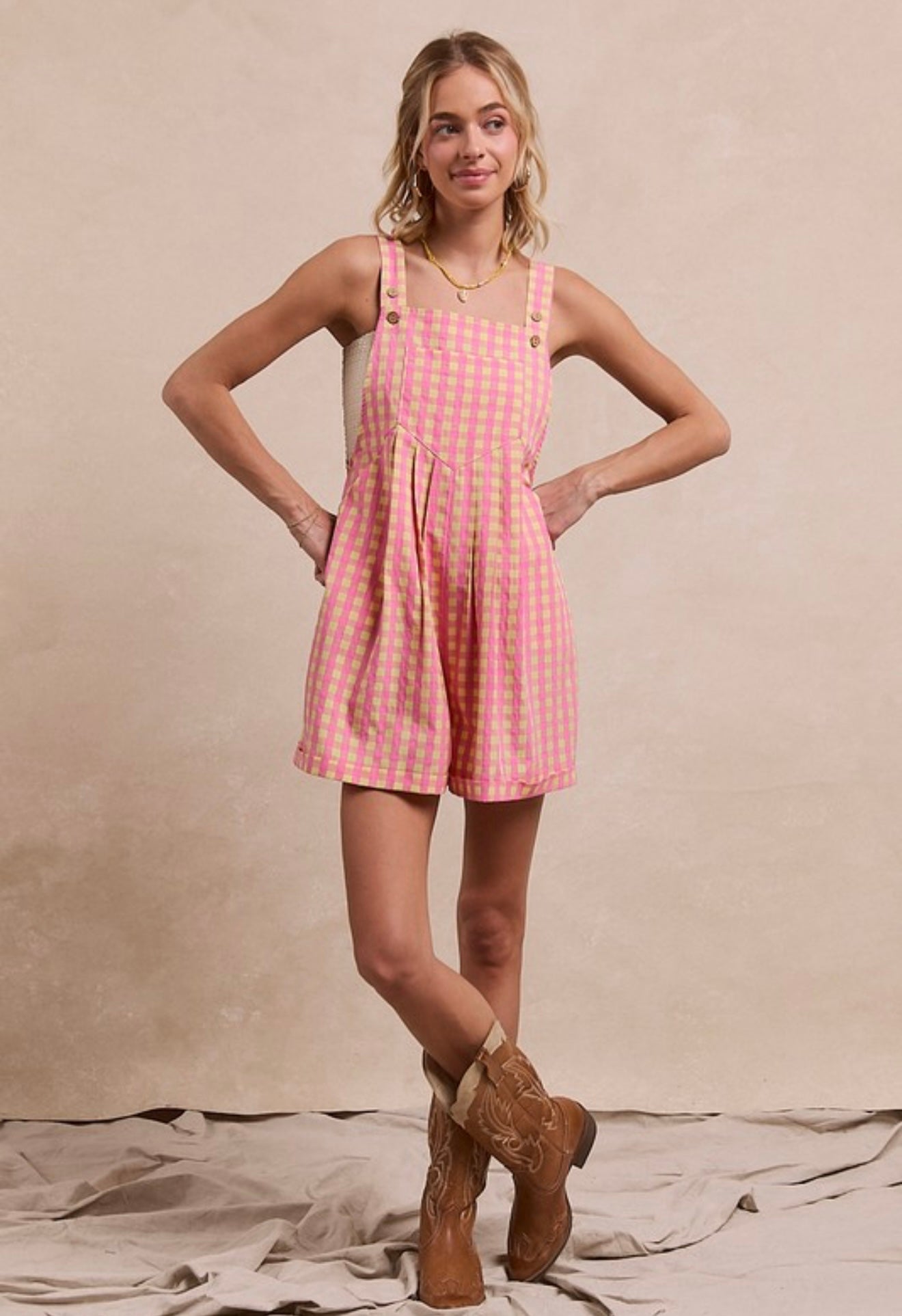 pink + tan gingham overalls