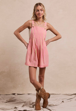 pink + tan gingham overalls