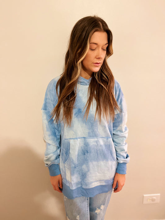 blue tie dye side-slit hoodie