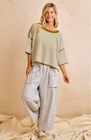 olive stripped waffle knit top