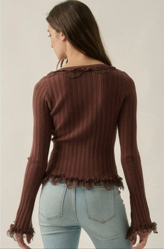 mocha knit + lace ruffle trim top