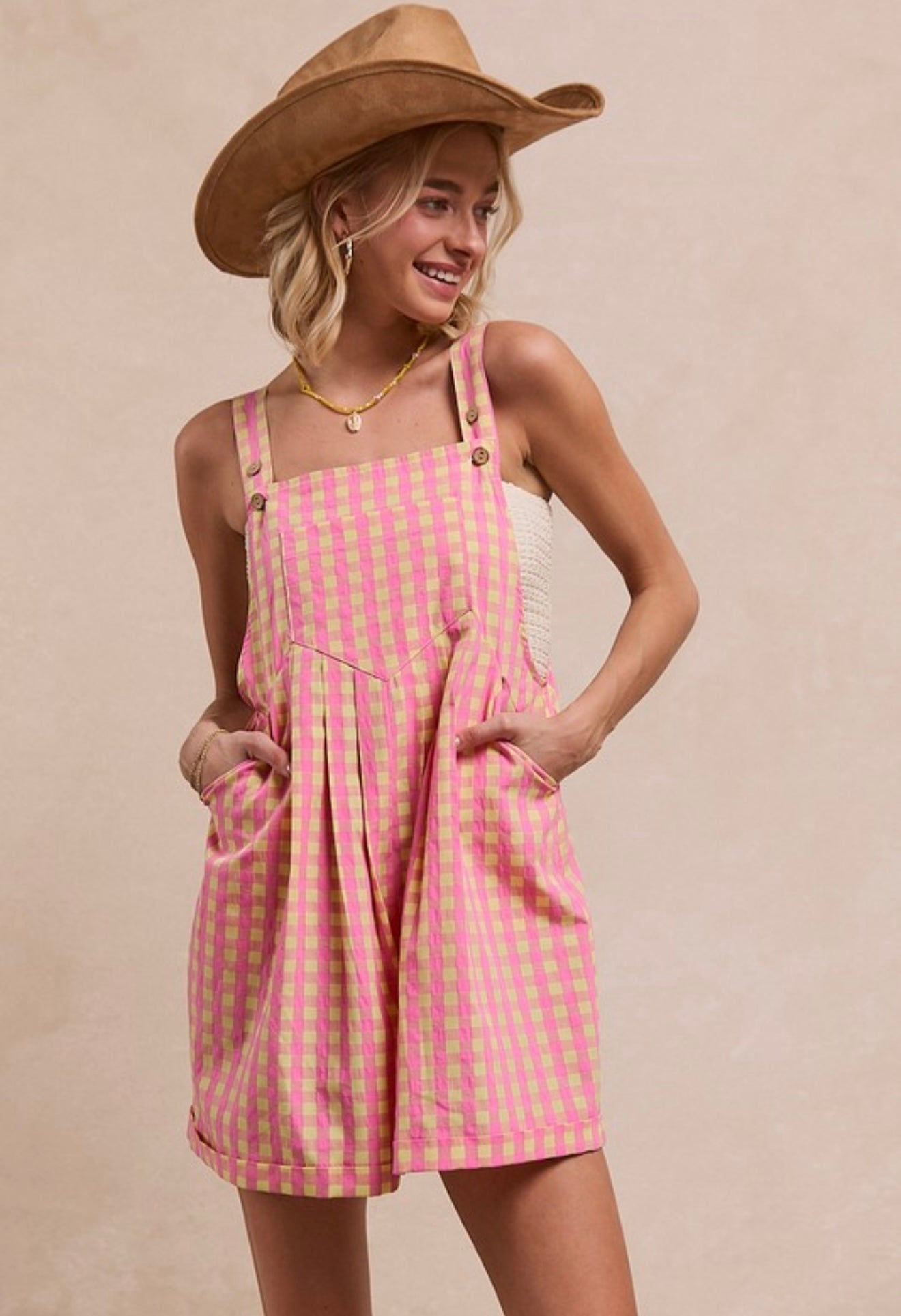 pink + tan gingham overalls