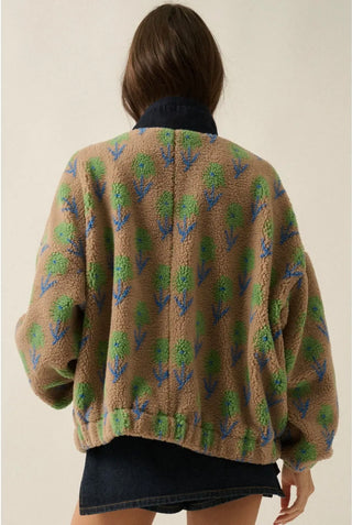floral sandy sherpa fleece + denim half-zip pullover