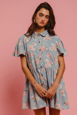 pink flowers denim dress