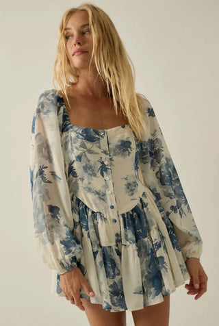 retro blue chiffon ruffled romper