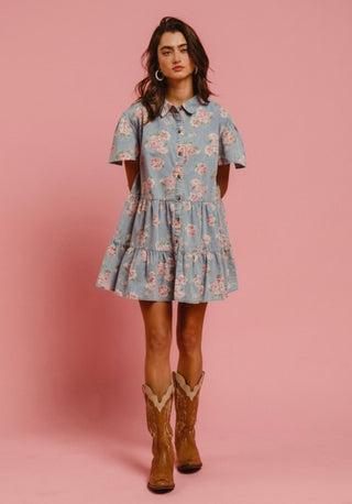 pink flowers denim dress