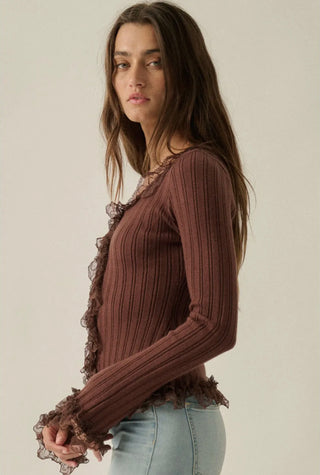 mocha knit + lace ruffle trim top