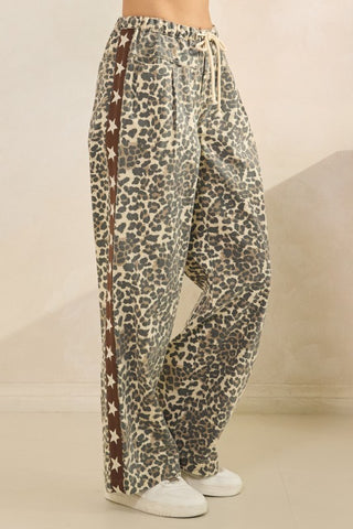 leopard + brown star wide leg pants