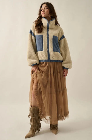 cream sherpa + denim zip-up jacket