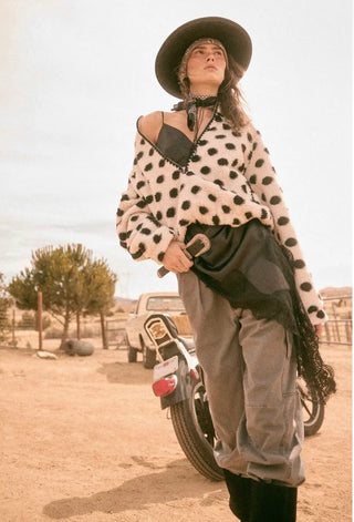 b&w polka dot + crochet trim half-zip