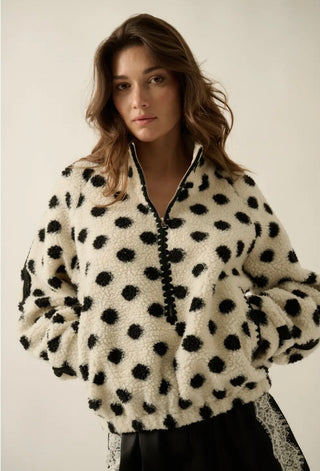 b&w polka dot + crochet trim half-zip