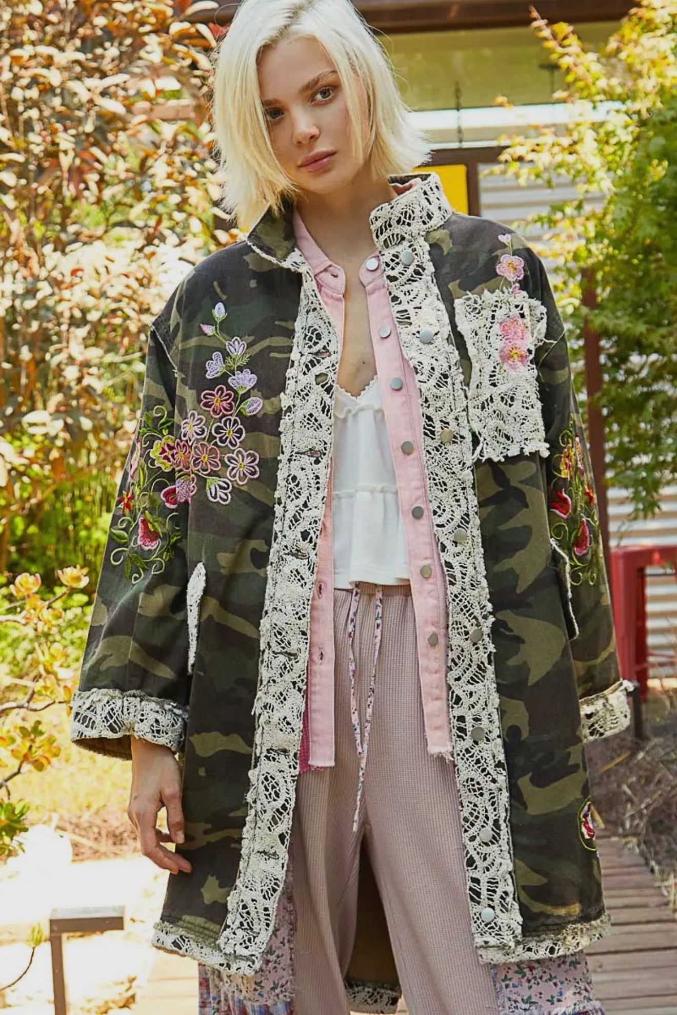 camo floral-embroidered coat