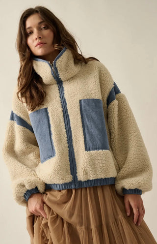 cream sherpa + denim zip-up jacket