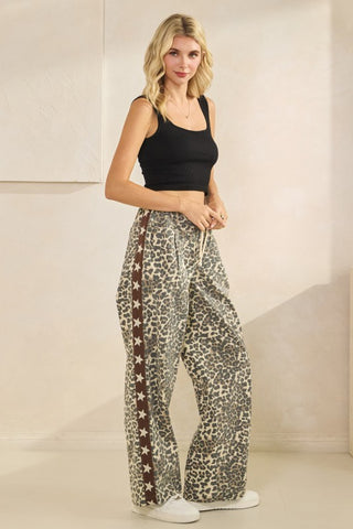 leopard + brown star wide leg pants