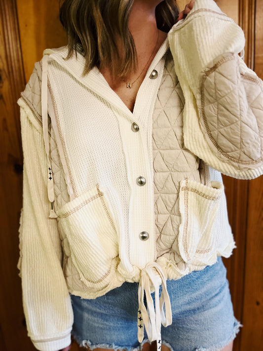 beige hooded button-down shacket