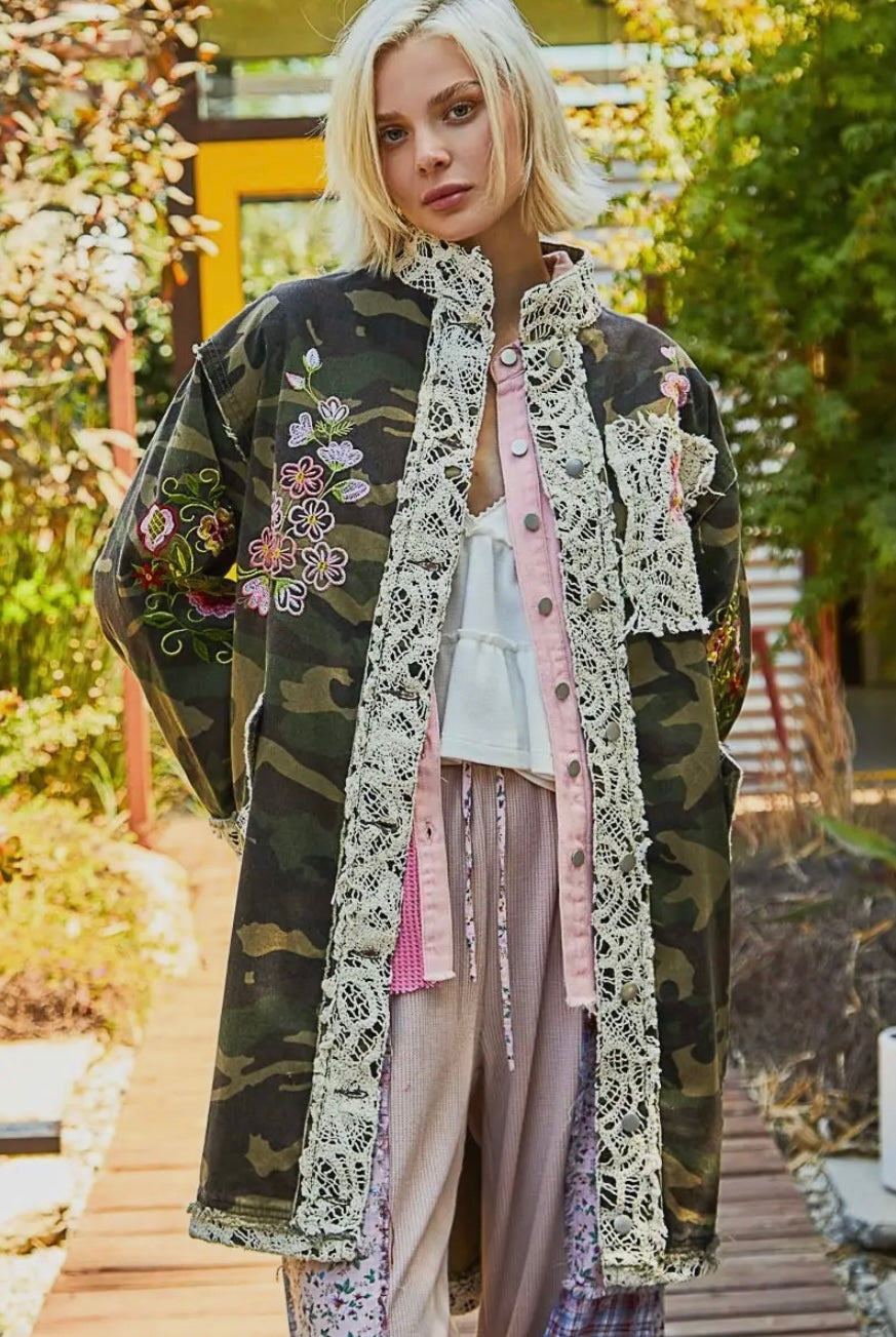 camo floral-embroidered coat