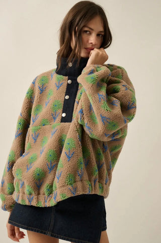 floral sandy sherpa fleece + denim half-zip pullover